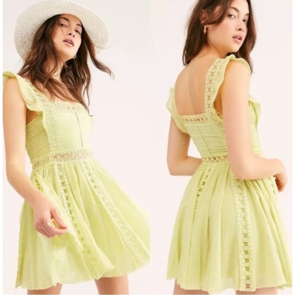 Free People One Verona Mini Dress Lime Green Crochet Lace Cotton Boho Fairy Sz M